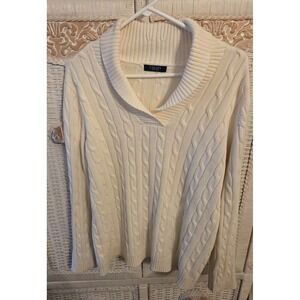 Chaps Cable Knit Sweater Womens XL Ivory Excellent Shawl Collar Cotton Pullover